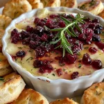Close-up view of creamy cranberry brie dip topped with rosemary and black pepper.