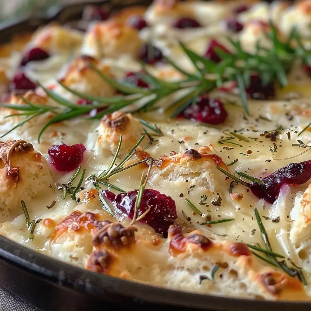 Side angle of a dish filled with melted brie and cranberry sauce, garnished with parsley.