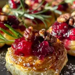 Juicy cranberry brie bites served on a white plate, showcasing flaky pastry and vibrant garnishes.