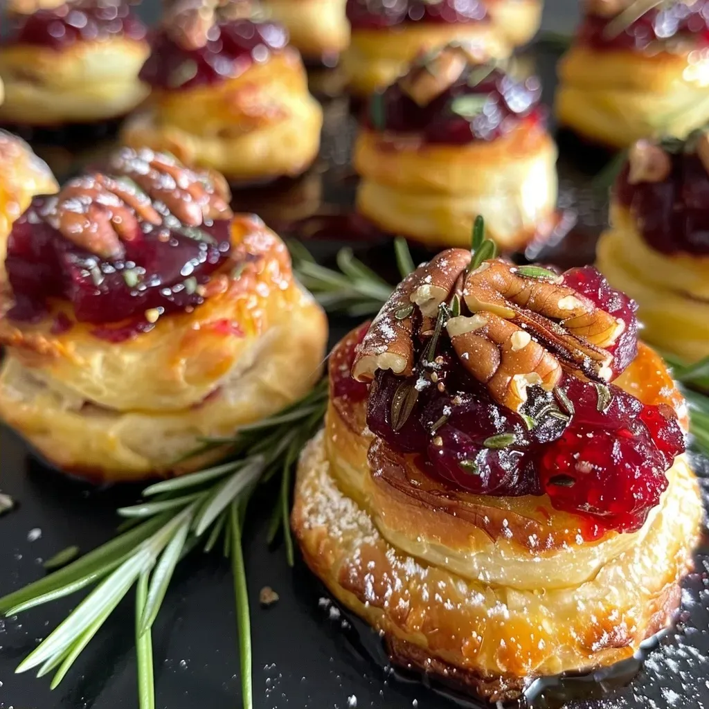 Side angle of golden brown Cranberry Brie Bites topped with cranberry sauce.