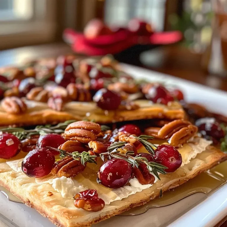 A Cozy Gathering: Cranberry Brie Flatbread for Heartfelt Moments A close-up of a cranberry brie flatbread topped with fresh cranberries and pecans.