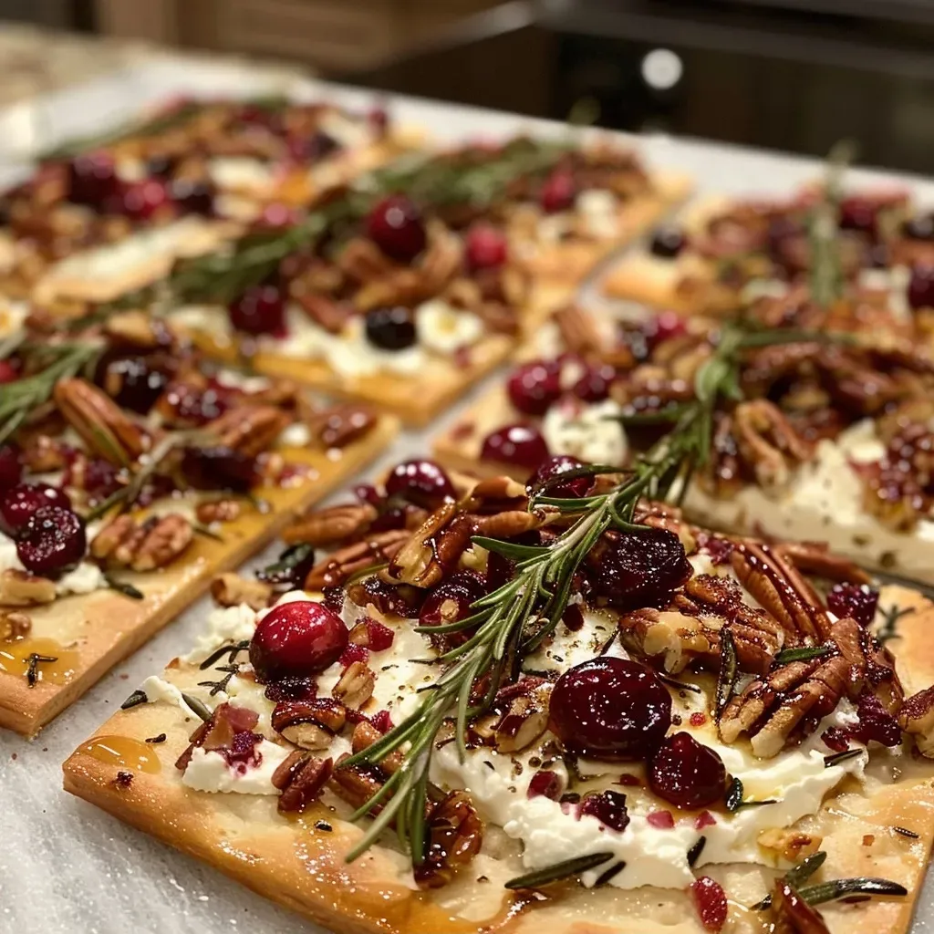 Side view of a slice of artisan flatbread with melted brie, cranberries, and chopped rosemary.
