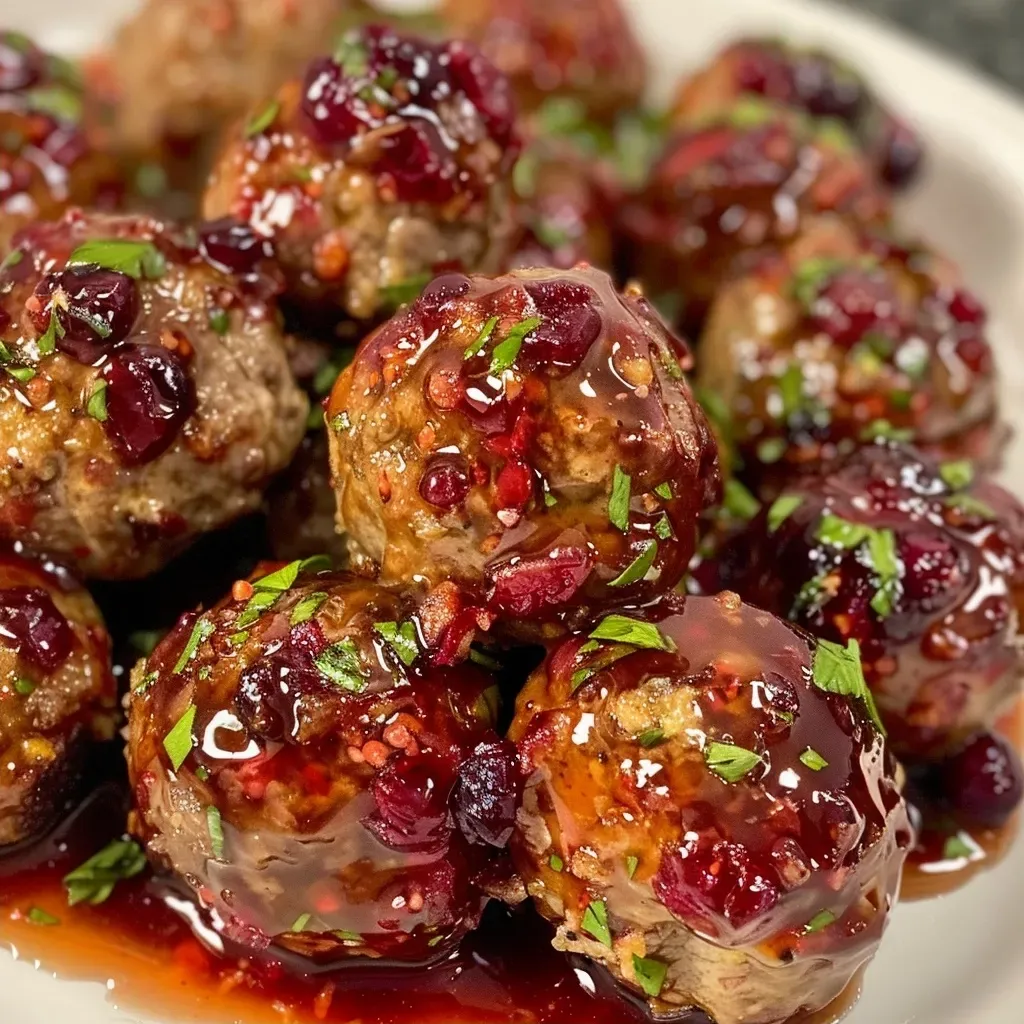 Close-up view of succulent meatballs coated in a rich cranberry glaze, garnished with herbs.