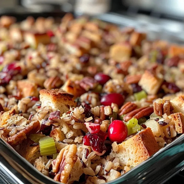 Harvest Flavors: A Heartwarming Wild Rice Stuffing for Family Gatherings Close-up of cranberry pecan wild rice stuffing in a bowl.