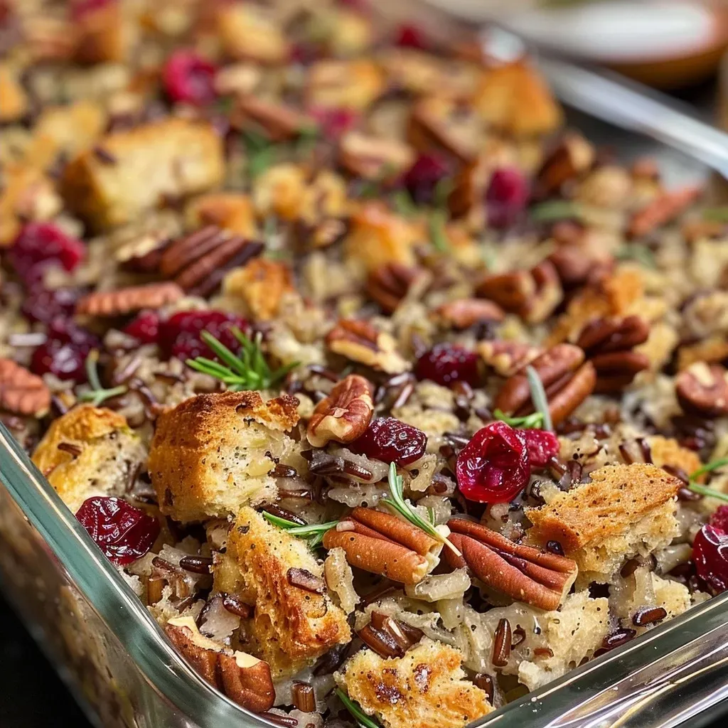 Side view of a hearty wild rice stuffing with cranberries and pecans.