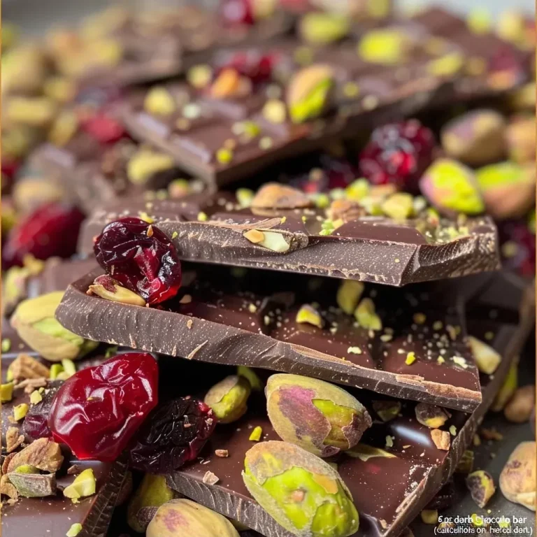 A Sweet Symphony of Cranberries and Pistachios: The Bark That Binds Us Close-up view of dark chocolate bark topped with chopped pistachios and dried cranberries.