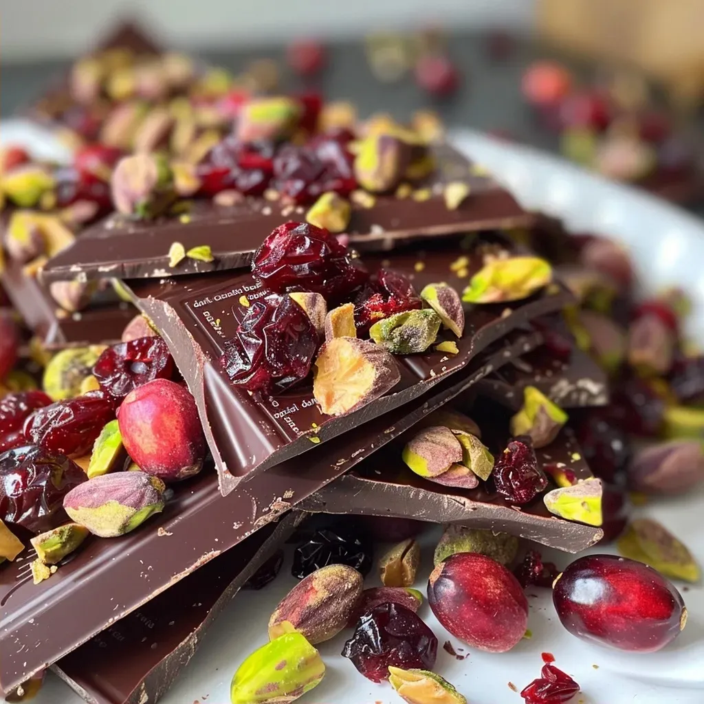 Side view of dark chocolate bark with visible pieces of pistachios and cranberries.