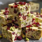 Close-up view of Cranberry Pistachio Fudge with vibrant red cranberries and green pistachios.