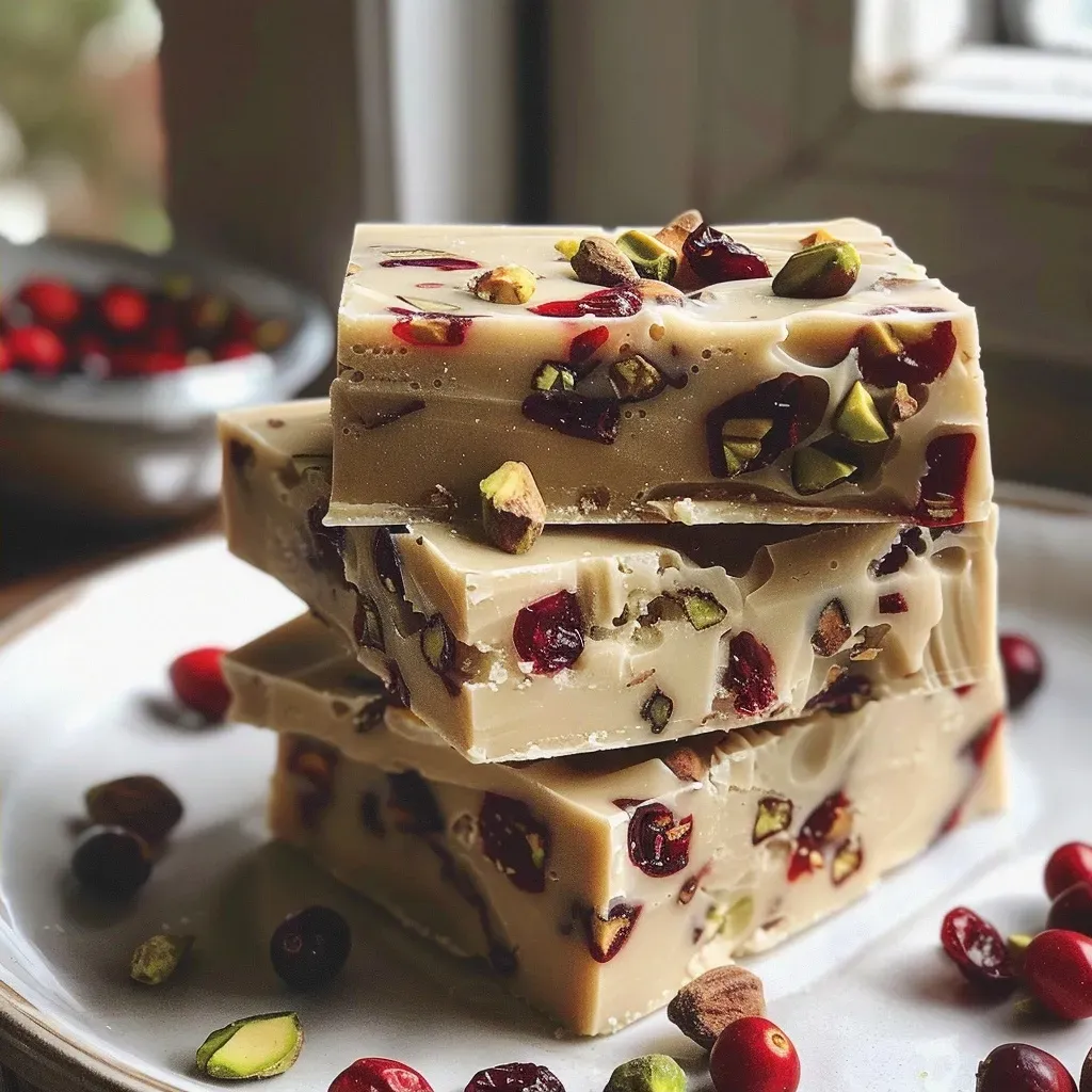 Side angle of rich, creamy Cranberry Pistachio Fudge showcasing its texture and colorful ingredients.