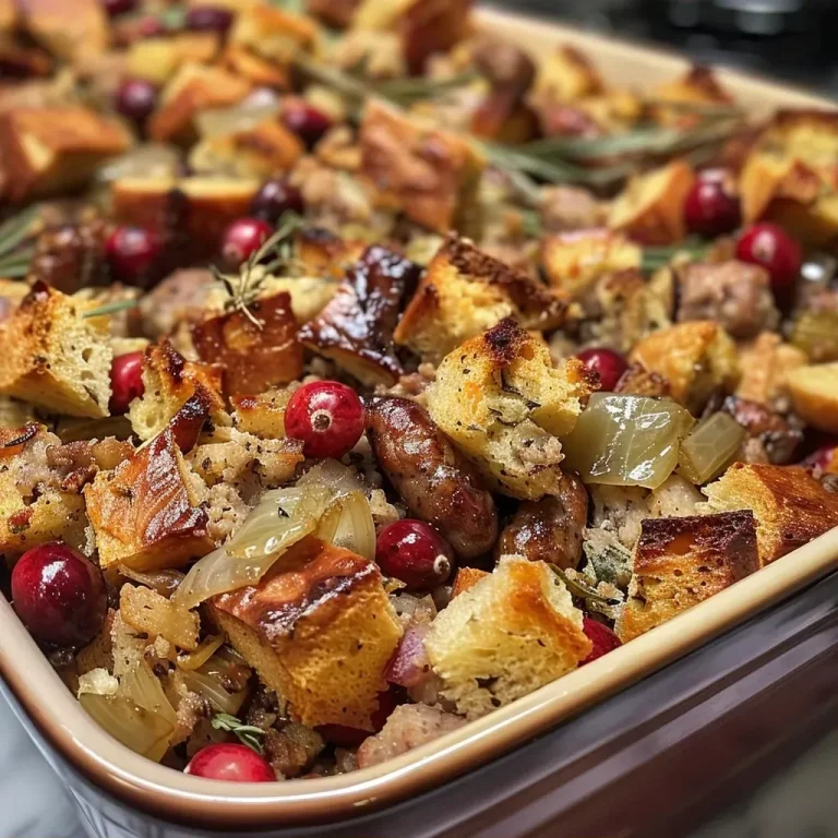 Savoring the Season: A Heartfelt Cranberry Sausage Stuffing Recipe Close-up view of Cranberry Sausage Stuffing with glistening sausage pieces and cranberries.