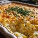 Close-up view of creamy corn pudding topped with melted cheese.