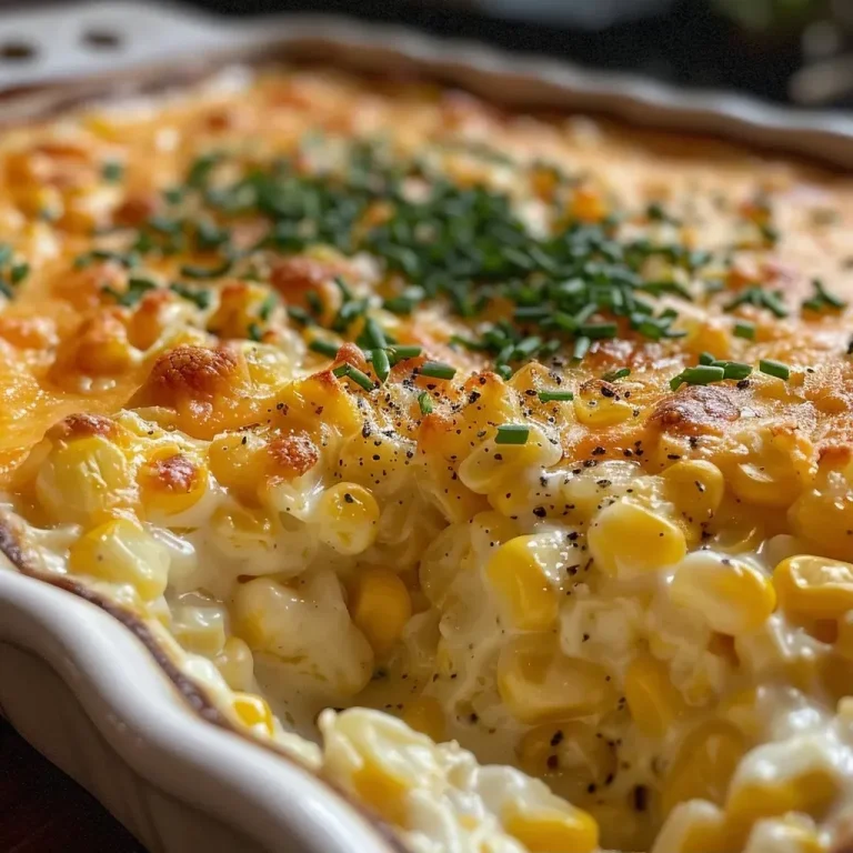 A Corn Pudding That Wraps You in Warm Memories Close-up view of creamy corn pudding topped with melted cheese.
