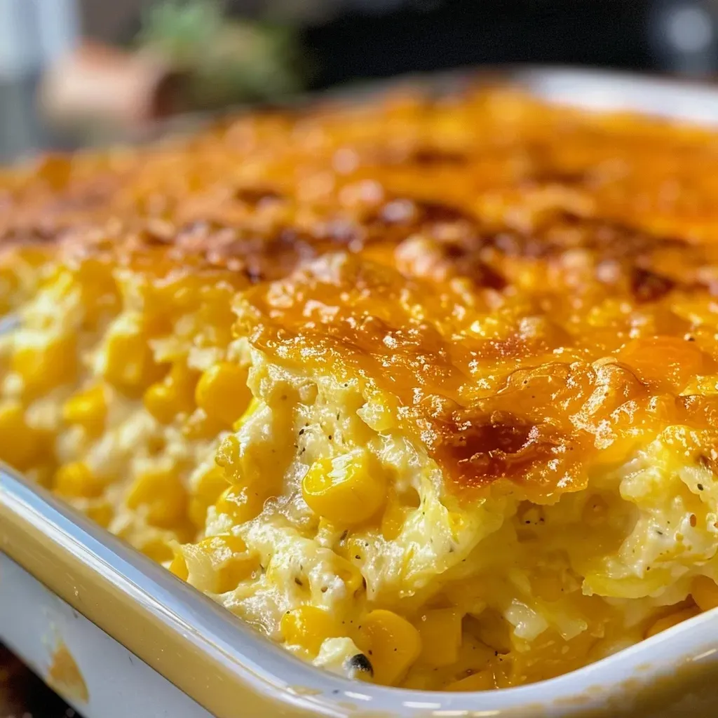 Side view of creamy corn pudding with ingredients visible, served in a dish.