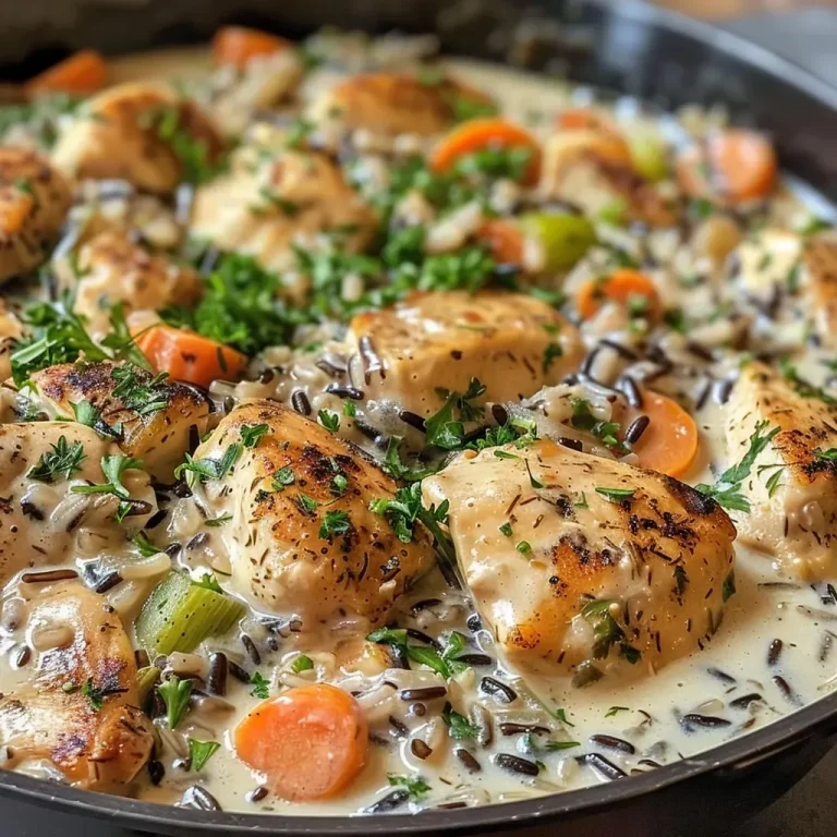A Cozy Embrace: Creamy Chicken and Wild Rice Skillet That Feels Like Home A close-up side view of a creamy chicken and wild rice skillet filled with colorful vegetables.