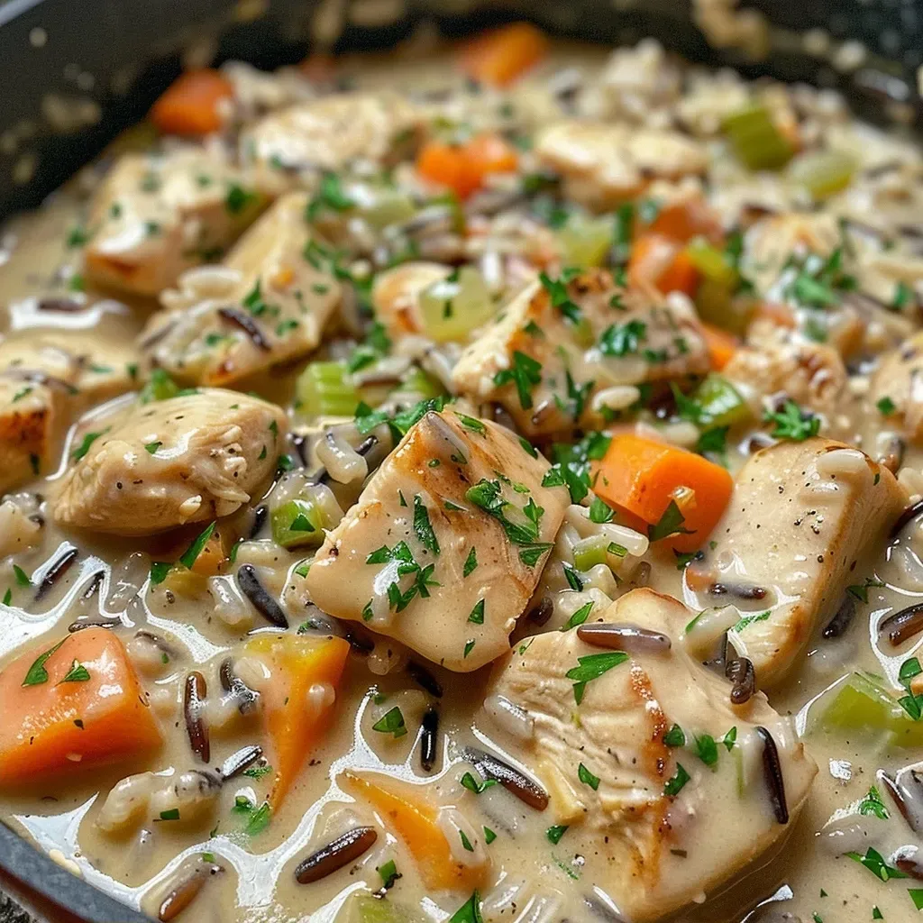Juicy chicken pieces and wild rice in a rich creamy sauce, garnished with fresh parsley.