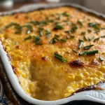 Close-up of creamy corn pudding with golden kernels and a smooth texture.