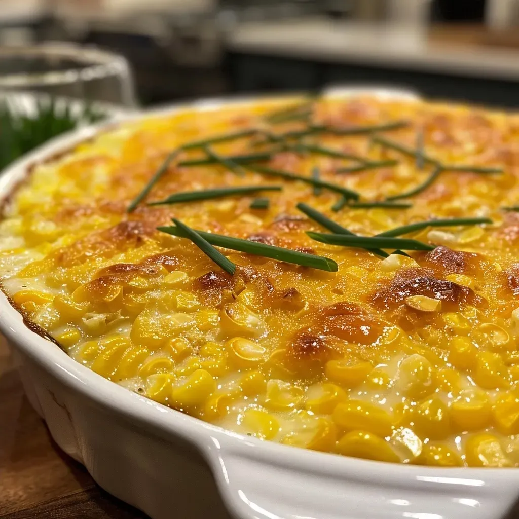 Side view of juicy corn pudding served in a dish, showcasing its creaminess.