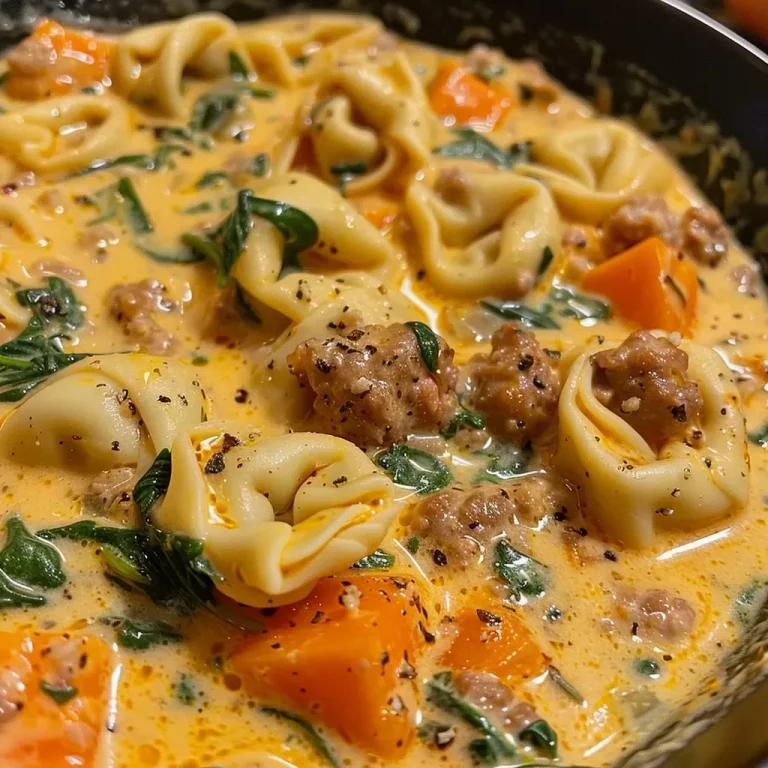 A Warm Embrace in a Bowl: Creamy Sausage Tortellini Soup A close-up side view of a bowl of creamy sausage tortellini soup with vibrant ingredients.