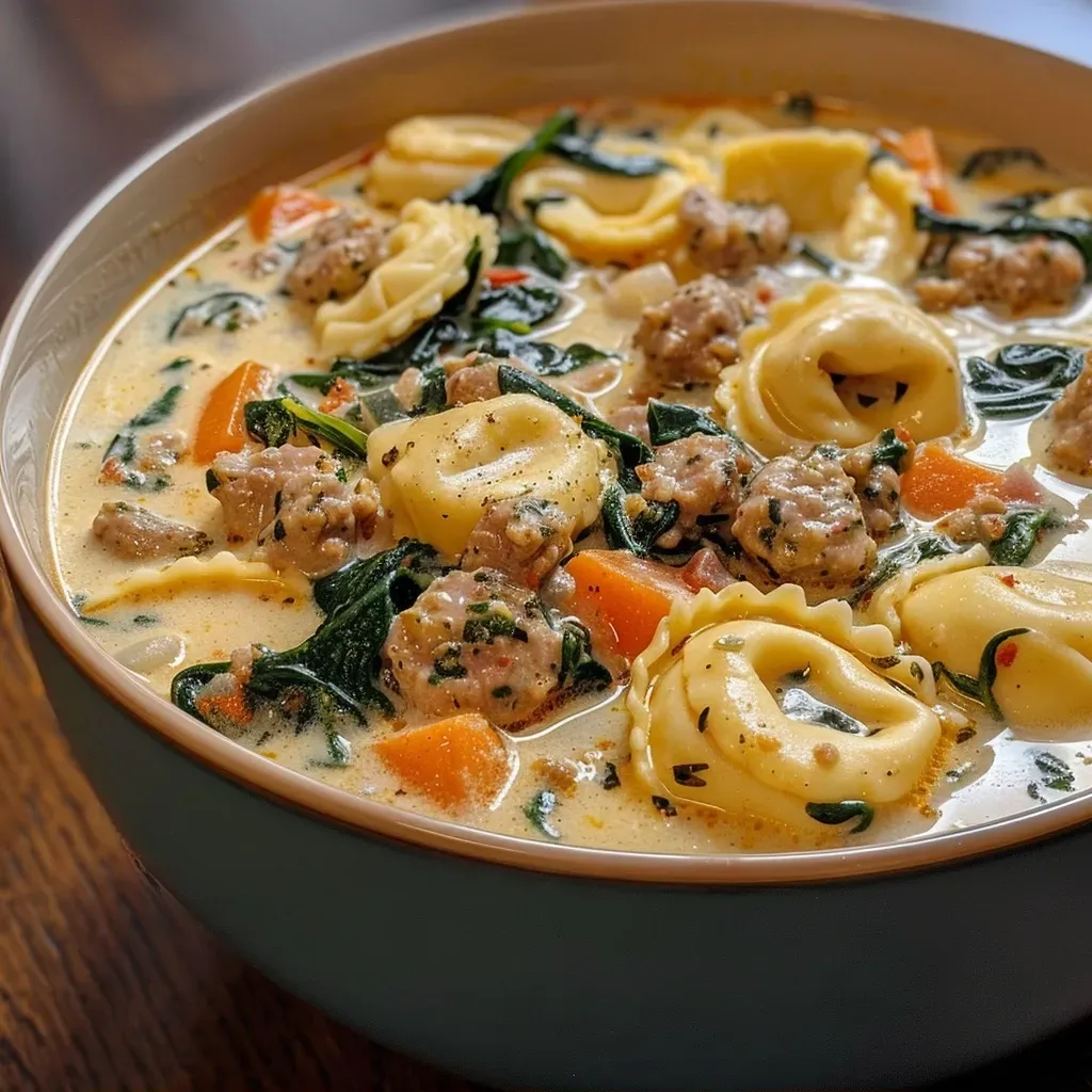 Delicious creamy tortellini soup filled with sausage, spinach, and sweet potatoes in a bowl.