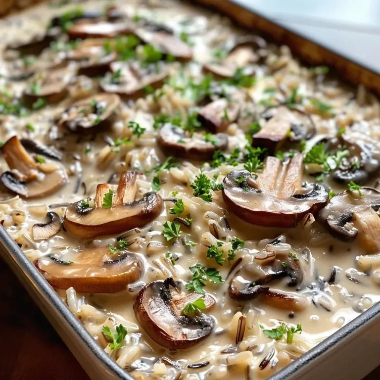 Whispers of Comfort: A Creamy Wild Rice Mushroom Casserole to Share Creamy Wild Rice Mushroom Casserole with golden brown mushrooms and melted cheese.
