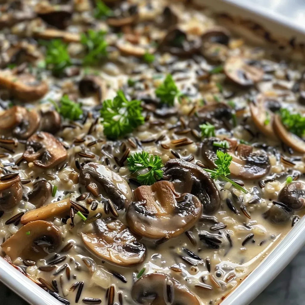 Side view of a hearty casserole dish filled with wild rice and mushrooms.