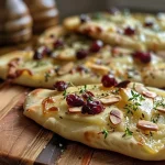 Close-up of a crispy flatbread topped with slices of brie cheese and dried cranberries.