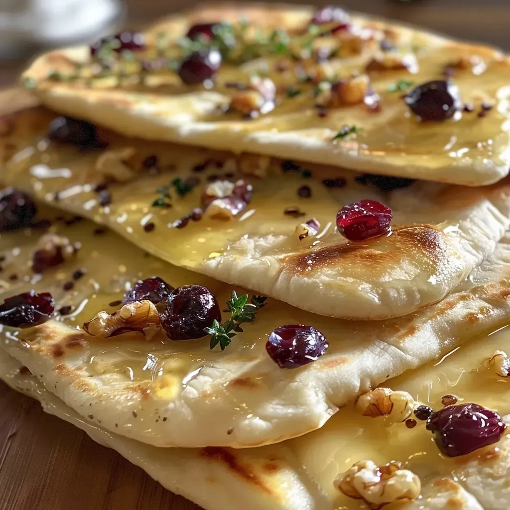 Side angle of flatbread featuring melted brie, dried cranberries, and chopped walnuts, with a honey glaze.