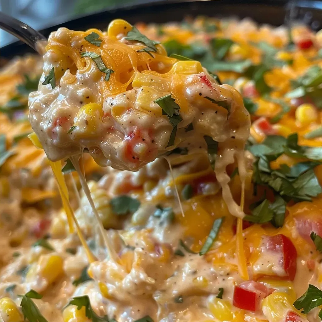 Side view of warm, cheesy Crockpot Corn Dip served in a bowl.