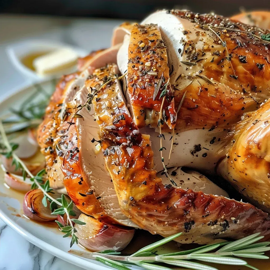 Side view of succulent turkey breast garnished with fresh rosemary.