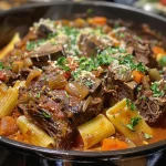 Close-up of a bowl of Dutch Oven Short Rib Ragu served with pappardelle pasta.