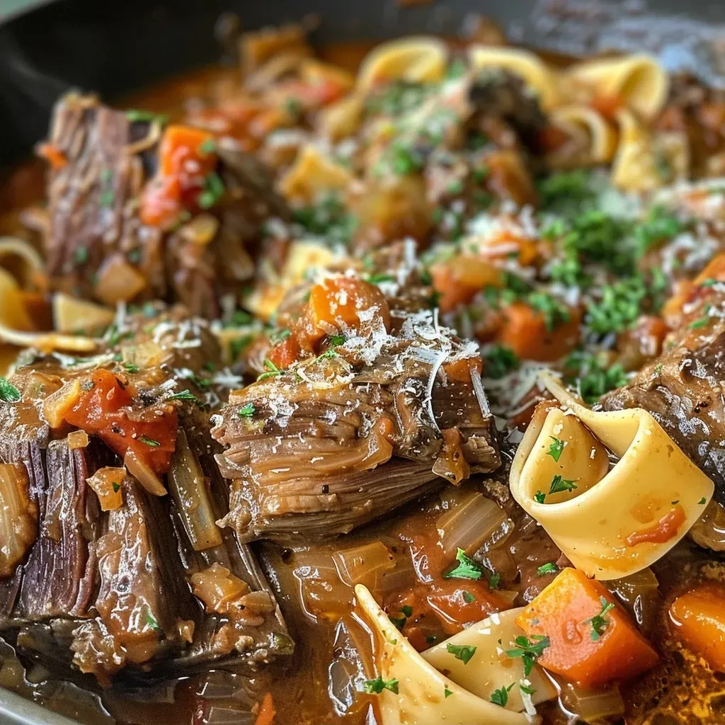 Side view of a hearty Dutch Oven Short Rib Ragu with rich sauce over wide noodles.