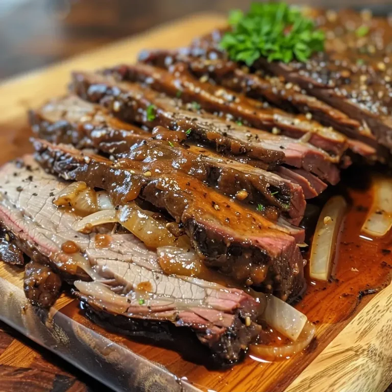The Brisket That Wraps You in a Flavorful Embrace Close-up view of a juicy beef brisket, perfectly cooked and garnished with herbs.