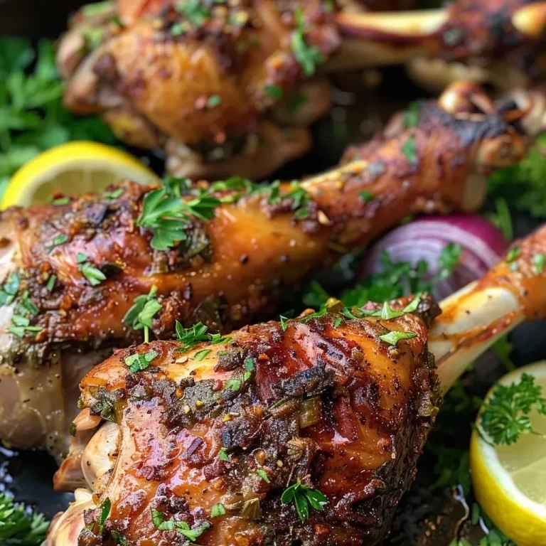 Whispers of Flavor: Easy Roasted Turkey Legs to Share Around the Table Juicy roasted turkey legs with crispy skin, garnished with lemon and red onion.