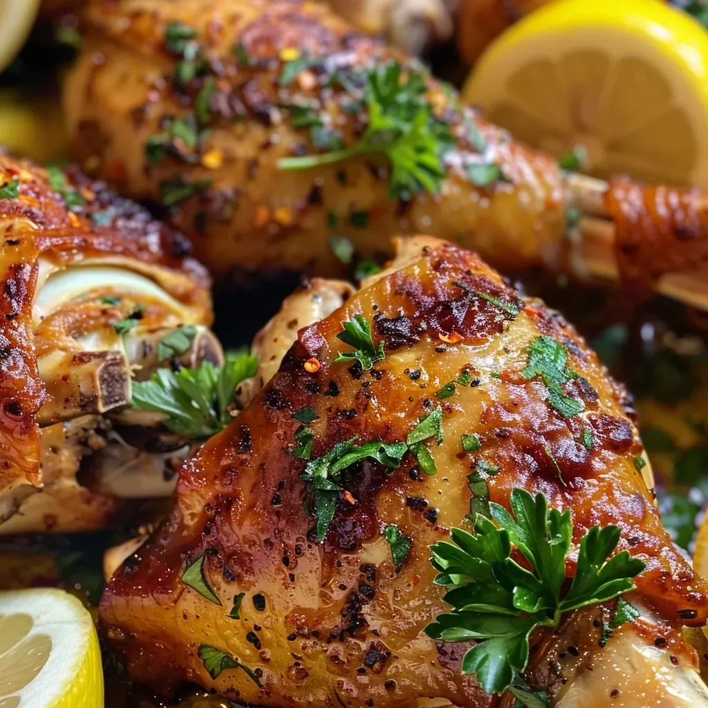 Close-up view of succulent turkey legs, beautifully seasoned and ready to serve.