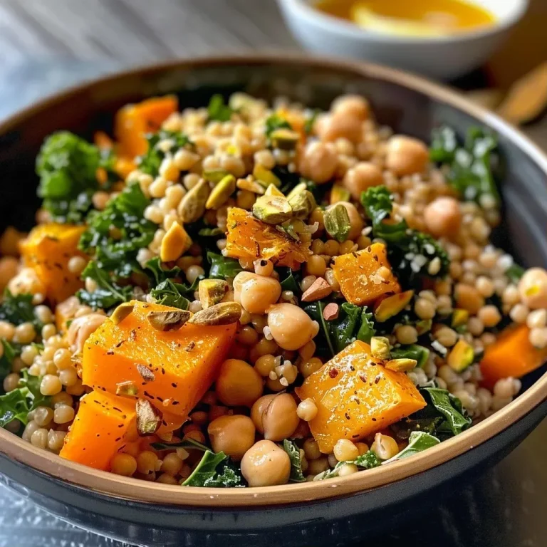 Harvest Harmony: A Fall Farro Grain Bowl to Savor Together A close-up view of a vibrant Fall Farro Grain Bowl filled with roasted vegetables and crispy cheese.
