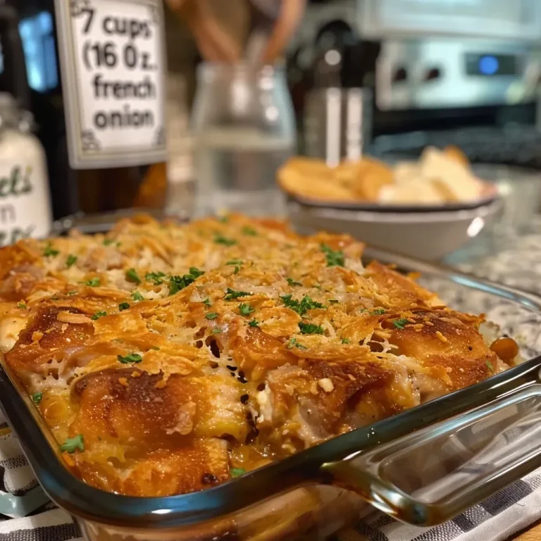 Close-up side view of a golden brown French Onion Chicken Casserole with melted cheese on top.