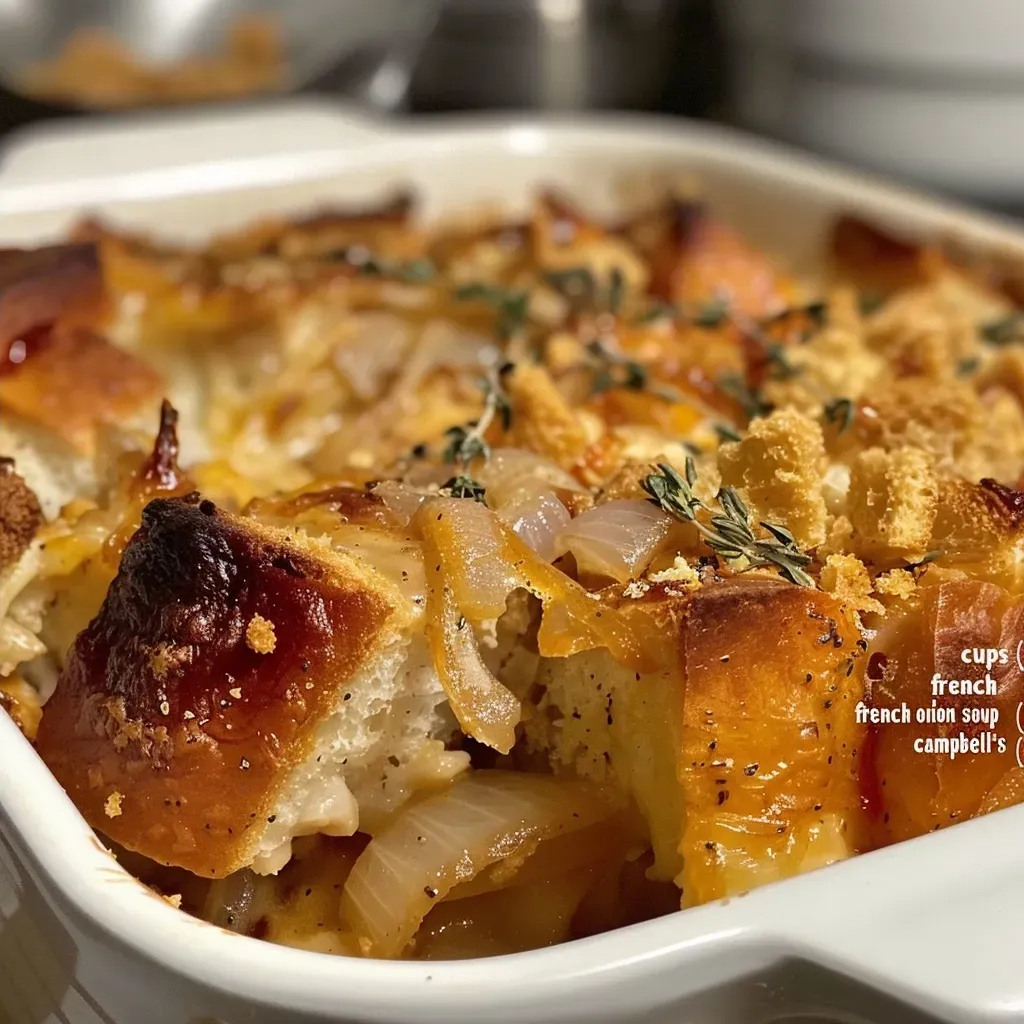 Juicy French Onion Chicken Casserole served in a baking dish, garnished with thyme and crispy onions.