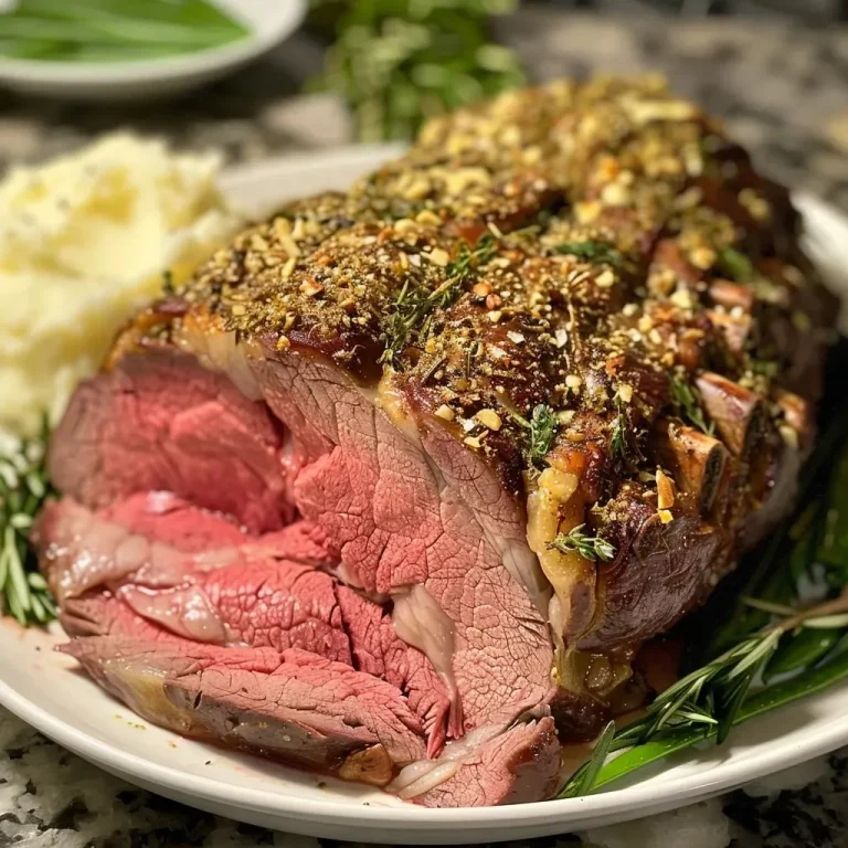 Savoring Family Moments with Garlic Herb Butter Prime Rib Close-up side view of a juicy prime rib topped with garlic herb butter.