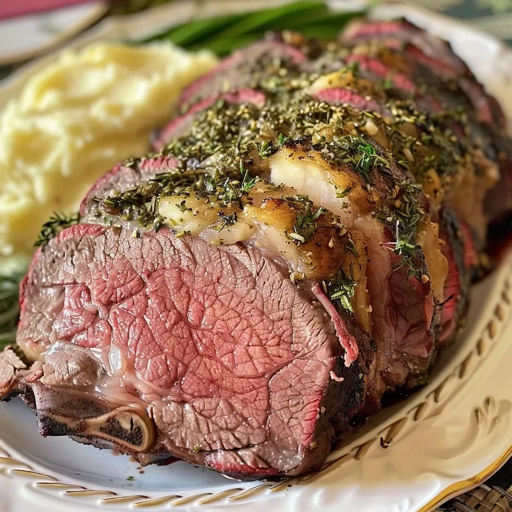 Succulent boneless ribeye roast with a rich garlic herb butter glaze.