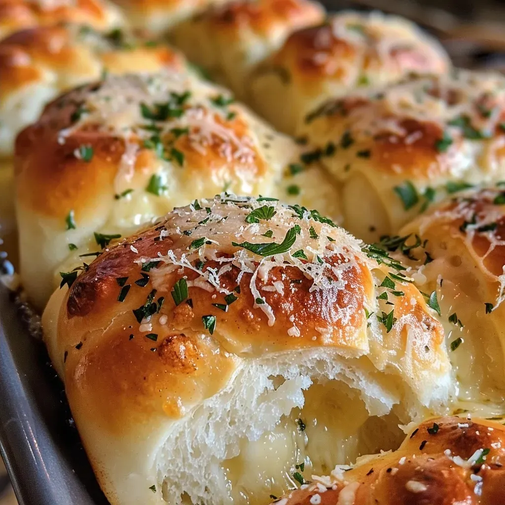 Side view of soft, gooey garlic Parmesan rolls with flaky salt sprinkled on top.