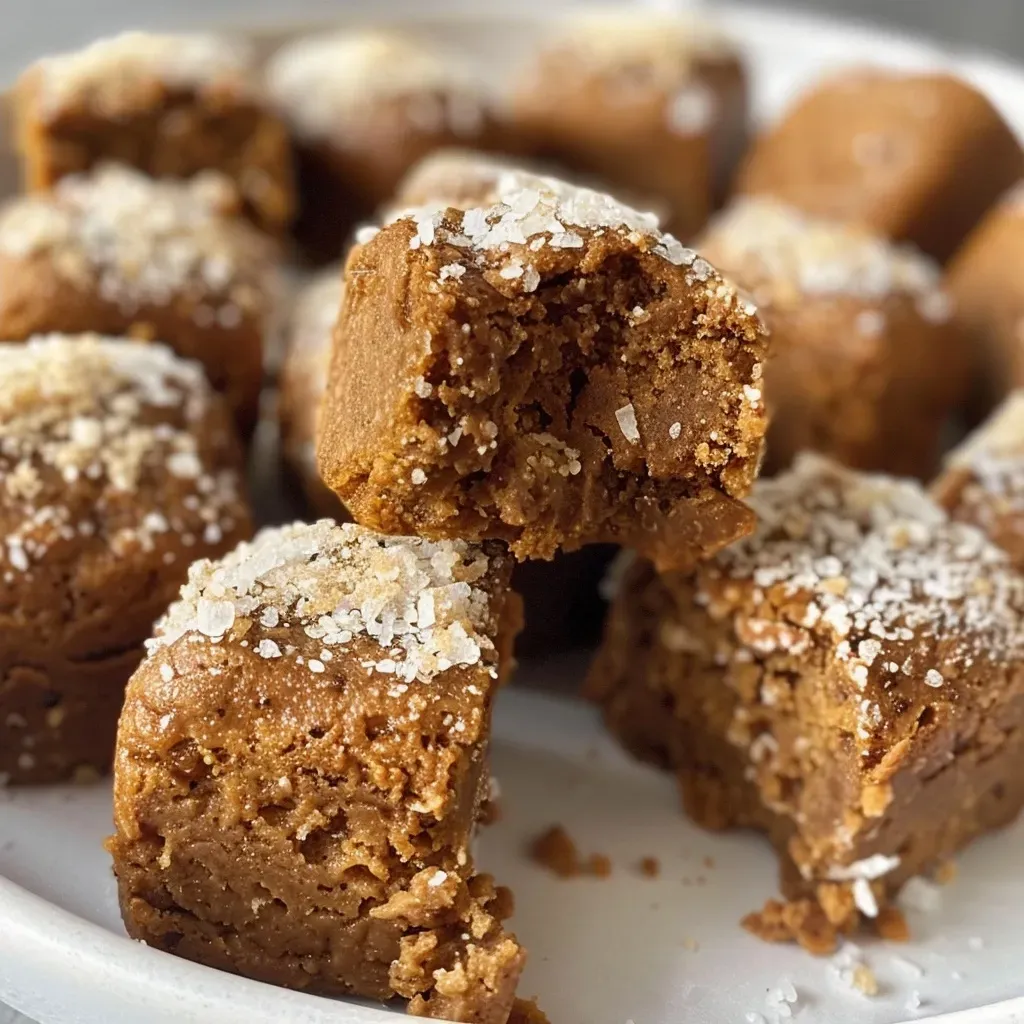 Side view of delectable gingerbread cheesecake bites topped with crushed sea salt chips.