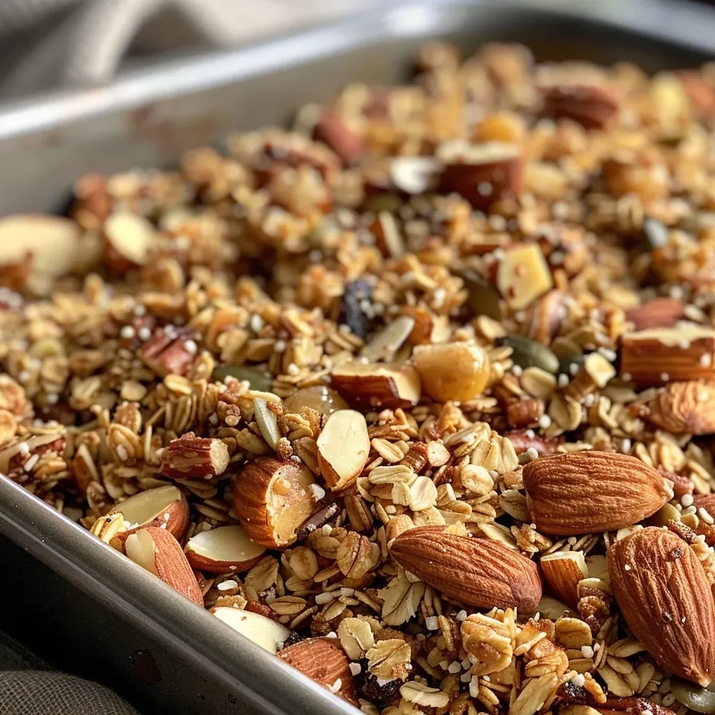 Side view of a hearty gingerbread granola mix featuring oats, nuts, and spices.