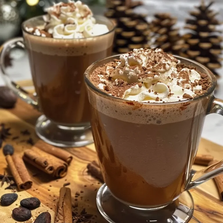 A Cozy Cup of Nostalgia: Gingerbread Hot Chocolate for the Heart Close-up view of a mug filled with Gingerbread Hot Chocolate topped with whipped coconut cream.