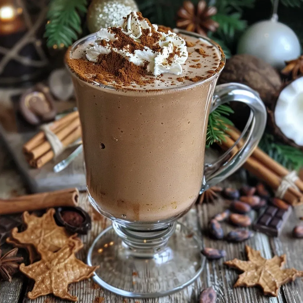 Side view of a creamy Gingerbread Hot Chocolate in a clear mug with cacao dusting.
