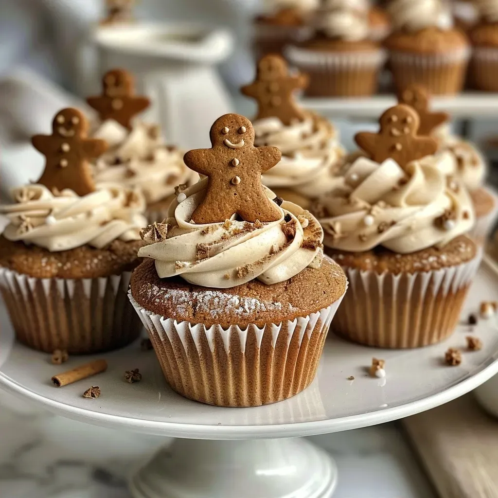 Side shot of gingerbread latte cupcakes with rich frosting and festive decorations.