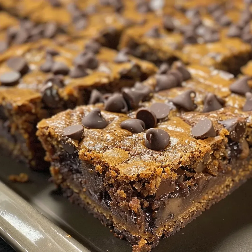 Side view of freshly baked gingerbread molasses bars loaded with chocolate chips.