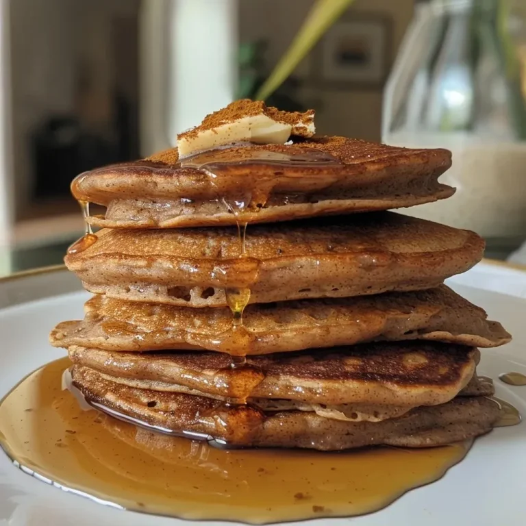 A Symphony of Spice: Gingerbread Pancakes to Brighten Your Mornings Close-up view of gingerbread pancakes stacked on a plate with syrup drizzle.