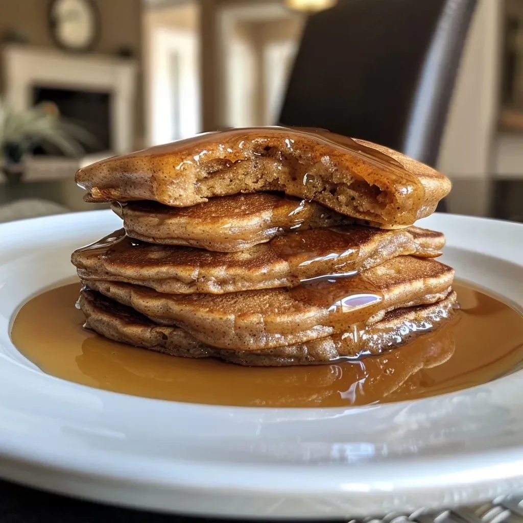 Side view of delicious gingerbread pancakes topped with a pat of butter and syrup.
