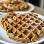 Close-up view of golden brown gingerbread waffles with a drizzle of syrup.