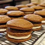 Close-up view of delicious gingerbread whoopie pies with creamy filling.